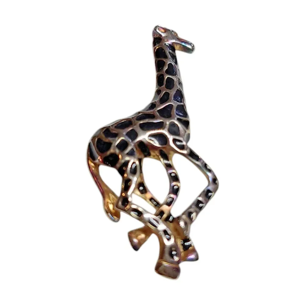 Vintage Giraffe Brooch Gold Tone Black Enamel Spots Red Eyes